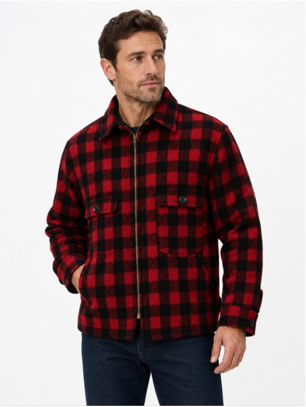 Johnson Woolen Mills Red Black Buffalo Plaid Wool Hunting Jacket Mens Neck Sz 16